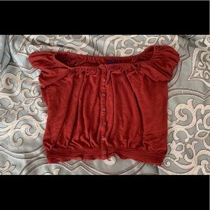 red orange off the shoulder top with buttons